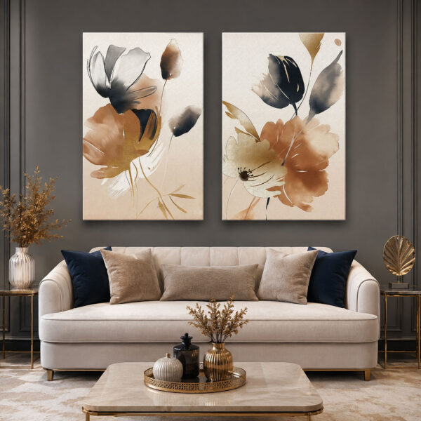Abstract Flowers Kanvas Duvar Tablosu - 2'li Canvas Tablo Seti - VOOV6018