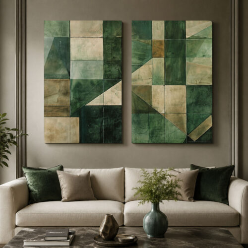 Zümrüt Geometri Kanvas Duvar Tablosu - 2'li Set Kanvas Tablo - VOOV6022