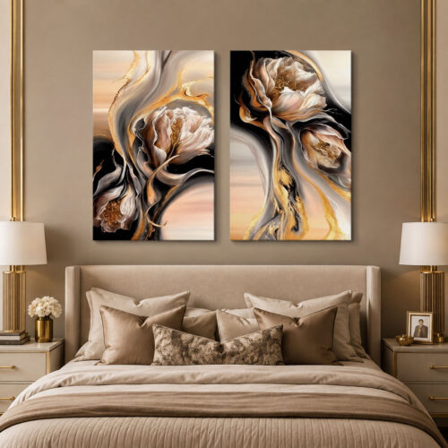 Abstract Flowers Kanvas Duvar Tablosu - 2'li Set Kanvas Tablo - VOOV6031