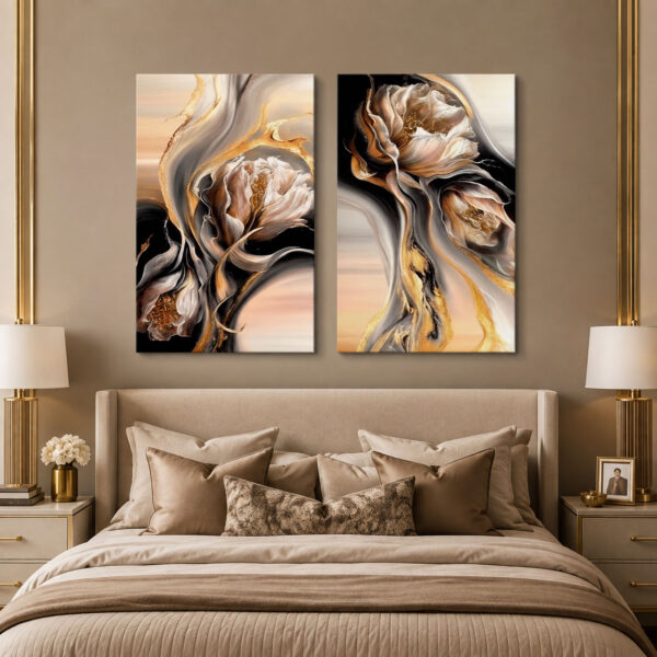 Abstract Flowers Kanvas Duvar Tablosu - 2'li Set Kanvas Tablo - VOOV6031