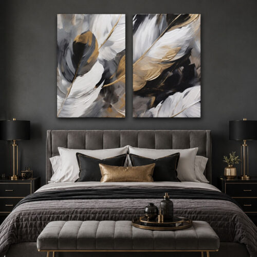 Abstract Bird Feathers Kanvas Duvar Tablosu - 2'li Canvas Tablo Seti - VOOV6015