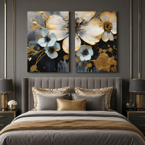 Abstract Flowers Kanvas Duvar Tablosu - 2'li Canvas Tablo Seti - VOOV6013