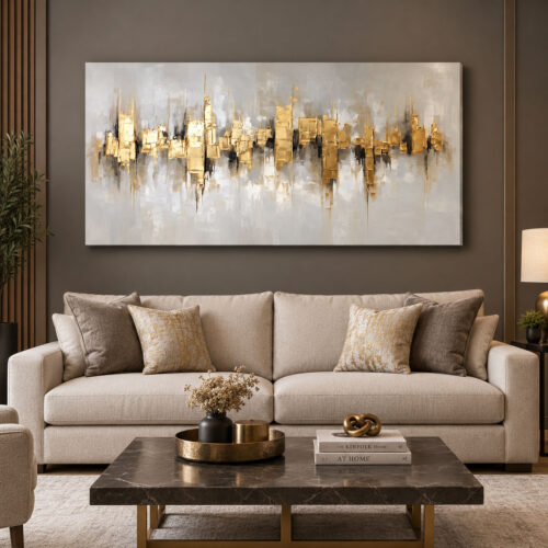Bej Gri ve Gold Modern Soyut Tuval Kanvas Tablo - VOOV3496