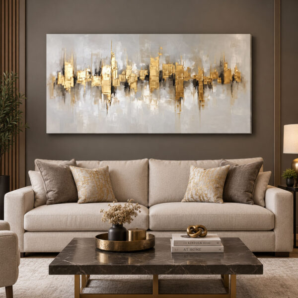 Bej Gri ve Gold Modern Soyut Tuval Kanvas Tablo - VOOV3496