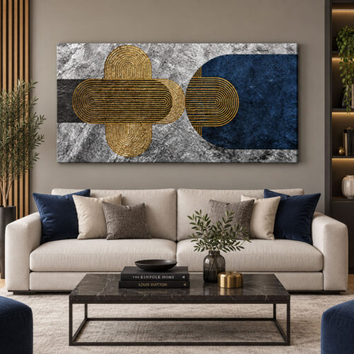 Lacivert Gold Geometrik Soyut Tuval Kanvas Tablo - VOOV3713