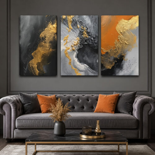 Altın Akış Siyah Turuncu Gold Soyut Kanvas Duvar Tablosu 3'lü Canvas Tablo Seti - VOOV6079