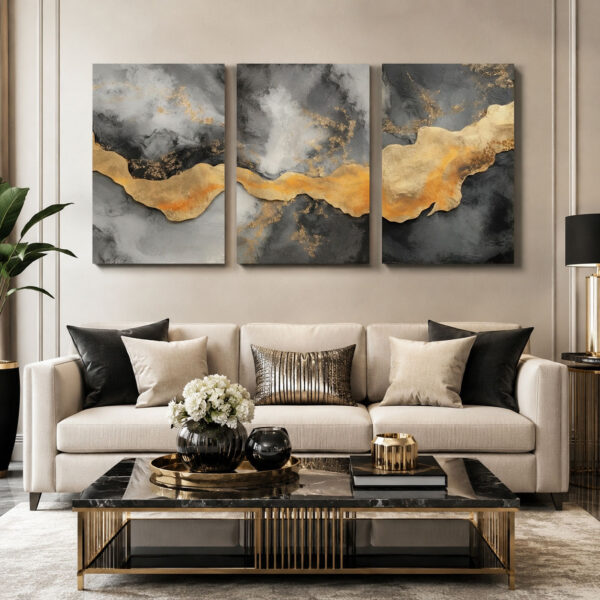 Altın Akış Gri Gold Soyut Kanvas Duvar Tablosu 3'lü Canvas Tablo Seti - VOOV6074