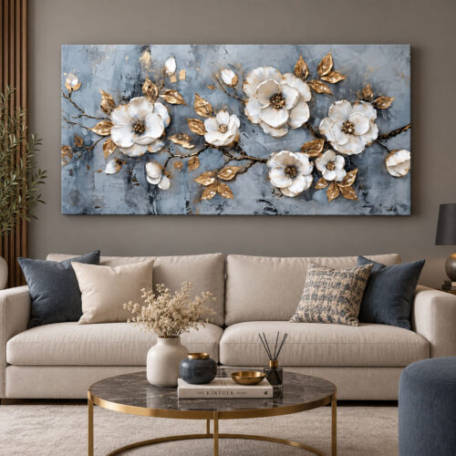 Gold Yapraklı Beyaz Çiçekler Tuval Kanvas Tablo - VOOV3693
