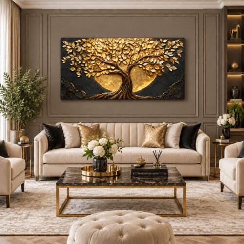 Altın Hayat Ağacı - Siyah Gold Ay Işığı Tuval Kanvas Tablo - VOOV3749