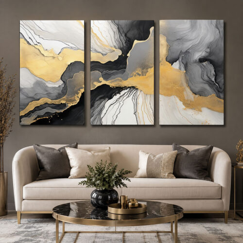Altın Katmanlar Siyah Gri Gold Soyut Kanvas Duvar Tablosu 3'lü Canvas Tablo Seti - VOOV6072