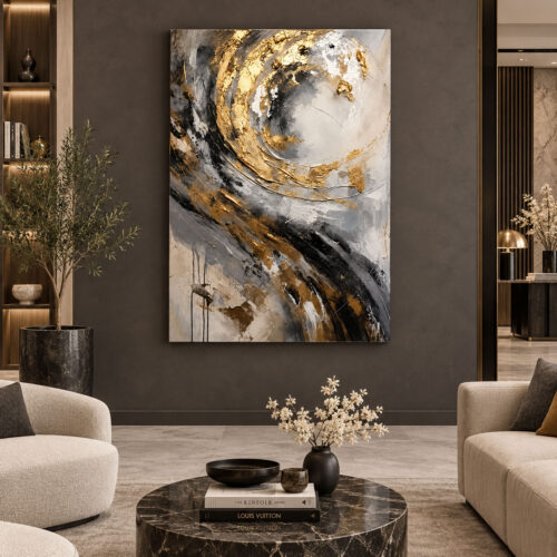 Altın Yörünge – Gold Siyah ve Gri Modern Soyut Tuval Kanvas Tablo - VOOV3739