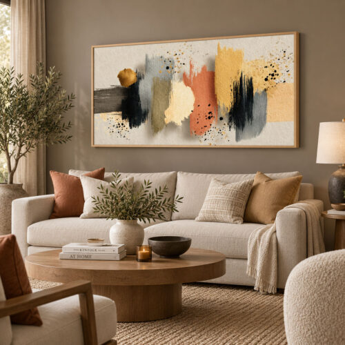 Armudi Natürel Çerçeveli - 70x140cm Modern Soyut Renkli Fırça Darbeleri - VOOV9125