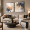 Siyah Doğal Ahşap Çerçeveli - 75x75cm Bej Antrasit ve Toprak Tonları Modern Soyut İkili Kanvas Tuval Tablo Seti  - VOOV9121