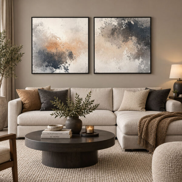 Siyah Doğal Ahşap Çerçeveli - 75x75cm Bej Antrasit ve Toprak Tonları Modern Soyut İkili Kanvas Tuval Tablo Seti  - VOOV9121