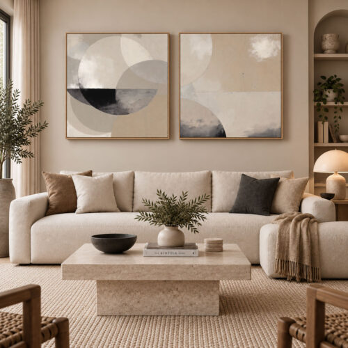 Natürel Ahşap Çerçeveli - 75x75cm Bej & Gri Soyut Geometrik Denge İkili Kanvas Tuval Tablo Seti  - VOOV9136