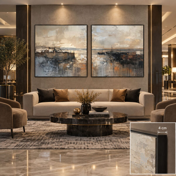 Siyah Doğal Ahşap Çerçeveli - 100x100cm Modern Soyut Liman Manzarası İkili Kanvas Tuval Tablo Seti  - VOOV9119