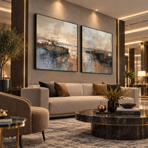 Siyah Doğal Ahşap Çerçeveli - 100x100cm Modern Soyut Liman Manzarası İkili Kanvas Tuval Tablo Seti  - VOOV9119