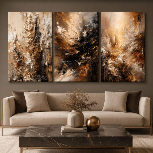 Bej Kahve Modern Soyut Kanvas Duvar Tablosu 3'lü Canvas Tablo Seti - VOOV6066