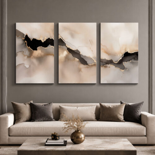Bej Siyah Gold Soyut Kanvas Duvar Tablosu 3'lü Canvas Tablo Seti - VOOV6082