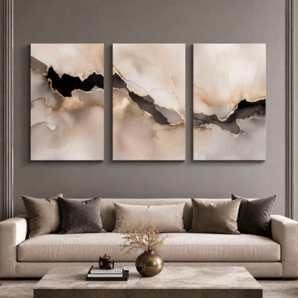 Bej Siyah Gold Soyut Kanvas Duvar Tablosu 3'lü Canvas Tablo Seti - VOOV6082