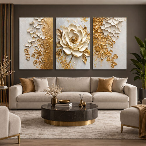 Beyaz Gold Çiçekler - Üçlü Kanvas Tuval Tablo Seti - VOOV6158