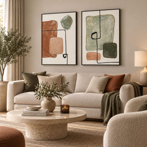 Siyah Ahşap Çerçeveli - 60x90cm Kum Beji Toprak ve Adaçayı Tonları Soyut İkili Kanvas Tuval Tablo Seti - VOOV9146