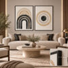 Siyah Doğal Ahşap Çerçeveli - 60x90cm Modern Boho Kemer ve Daire İkili Kanvas Tuval Tablo Seti - VOOV9118
