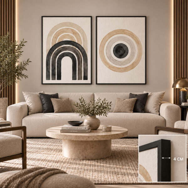 Siyah Doğal Ahşap Çerçeveli - 60x90cm Modern Boho Kemer ve Daire İkili Kanvas Tuval Tablo Seti - VOOV9118