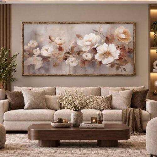 Eskitme Ahşap Çerçeveli - 75x150cm Soft Manolya Çiçekleri Kanvas Tuval Tablo - VOOV9142