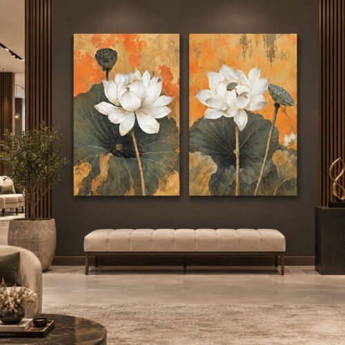 Beyaz Lotus Çiçeği Gold Turuncu - İkili Kanvas Tuval Tablo Seti - VOOV6161