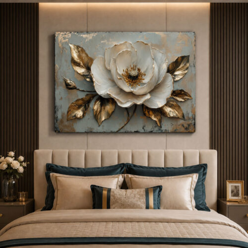 Beyaz Manolya Gold Yapraklar Kanvas Tablo- VOOV3646