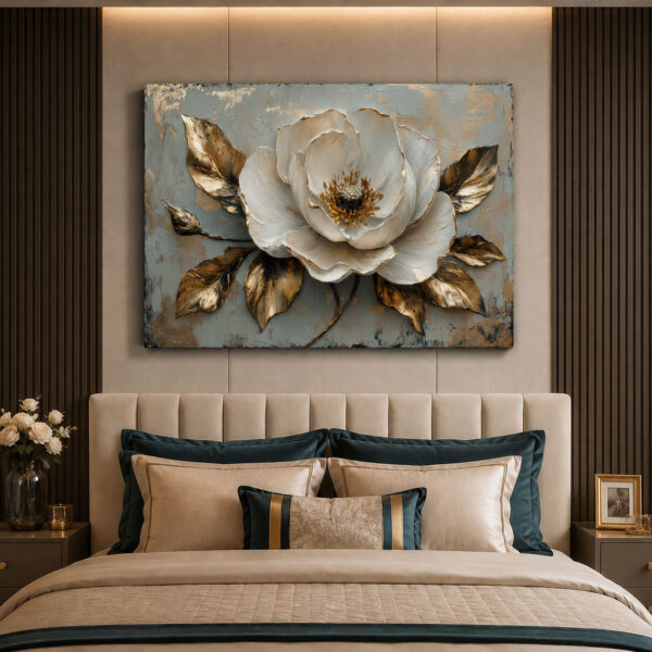 Beyaz Manolya Gold Yapraklar Kanvas Tablo- VOOV3646