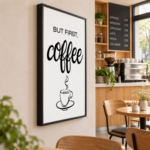Siyah Doğal Ahşap Çerçeveli 60x90cm But First Coffee Tipografik Kahve Kanvas Tuval Tablo - VOOV9102