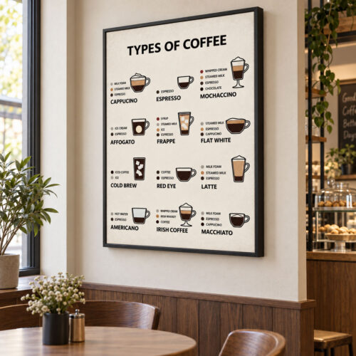 Siyah Doğal Ahşap Çerçeveli 60x90cm Kahve Çeşitleri Types of Coffee Kanvas Tuval Tablo - VOOV9100