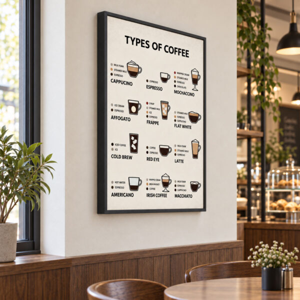 Siyah Doğal Ahşap Çerçeveli 60x90cm Kahve Çeşitleri Types of Coffee Kanvas Tuval Tablo - VOOV9100