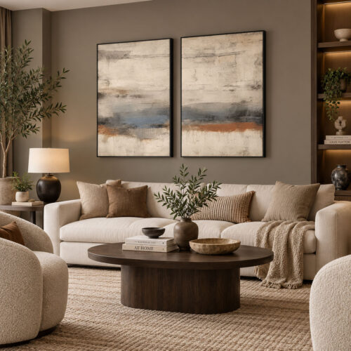 Siyah Doğal Ahşap Çerçeveli - 60x90cm Modern Toprak ve Mavi Tonlarda Soyut İkili Kanvas Tuval Tablo Seti - VOOV9114