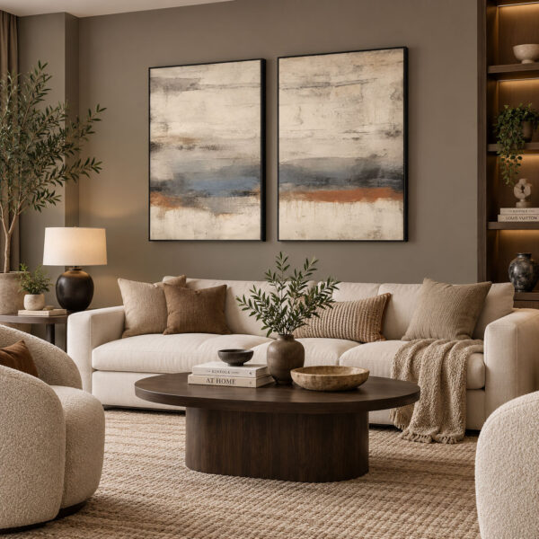 Siyah Doğal Ahşap Çerçeveli - 60x90cm Modern Toprak ve Mavi Tonlarda Soyut İkili Kanvas Tuval Tablo Seti - VOOV9114