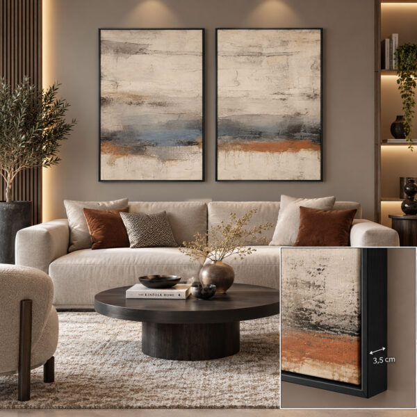 Siyah Doğal Ahşap Çerçeveli - 60x90cm Modern Toprak ve Mavi Tonlarda Soyut İkili Kanvas Tuval Tablo Seti - VOOV9114