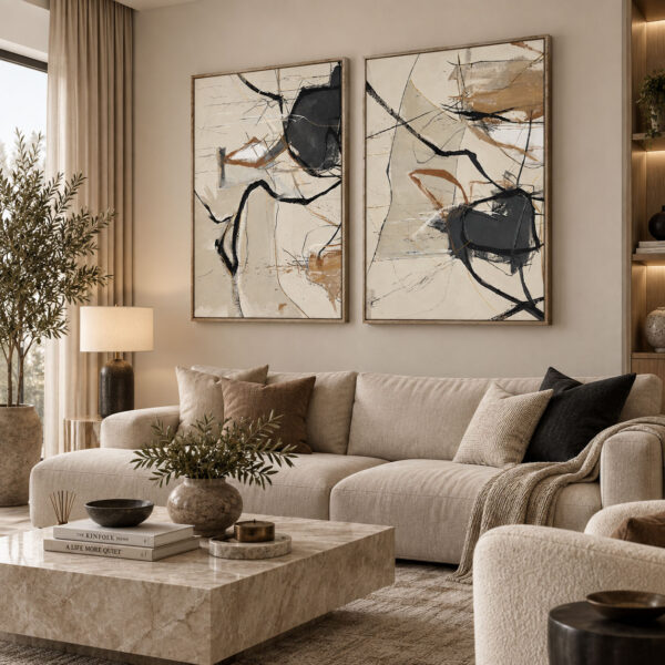 Eskitme Ahşap Çerçeveli - 60x90cm Bej Krem Kahve Antrasit Soyut İkili Kanvas Tuval Tablo Seti - VOOV9140