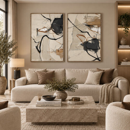 Eskitme Ahşap Çerçeveli - 60x90cm Bej Krem Kahve Antrasit Soyut İkili Kanvas Tuval Tablo Seti - VOOV9140
