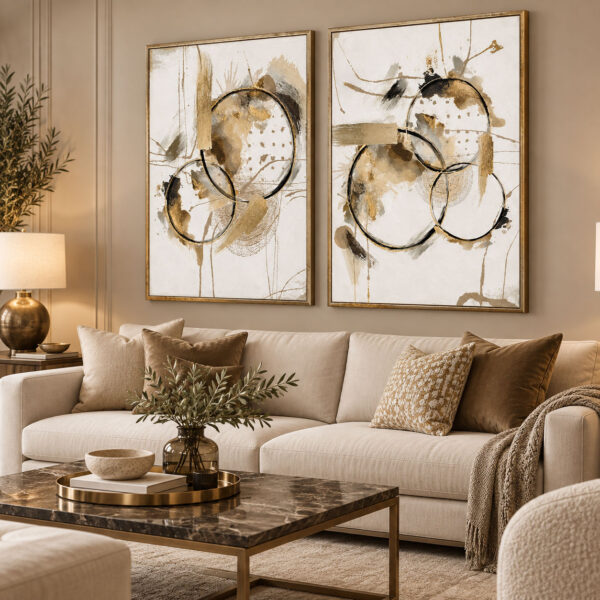 Gold Eskitme Ahşap Çerçeveli - 60x90cm Bej Krem Gold Soyut İkili Kanvas Tuval Tablo Seti - VOOV9139