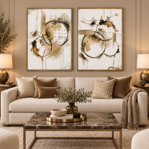Gold Eskitme Ahşap Çerçeveli - 60x90cm Bej Krem Gold Soyut İkili Kanvas Tuval Tablo Seti - VOOV9139