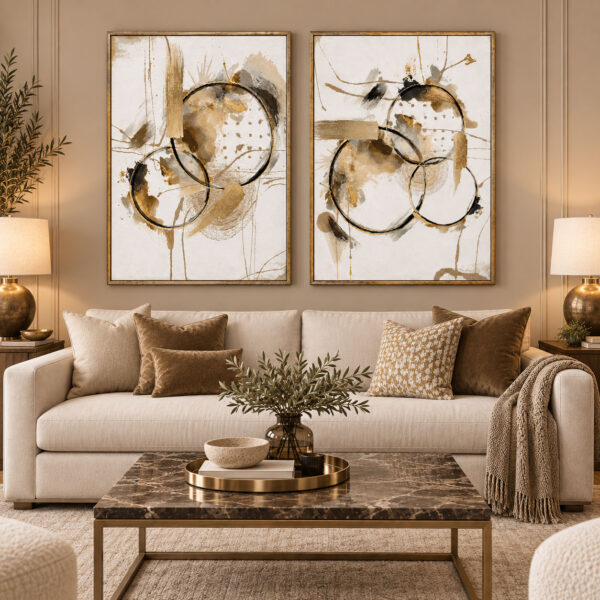 Gold Eskitme Ahşap Çerçeveli - 60x90cm Bej Krem Gold Soyut İkili Kanvas Tuval Tablo Seti - VOOV9139