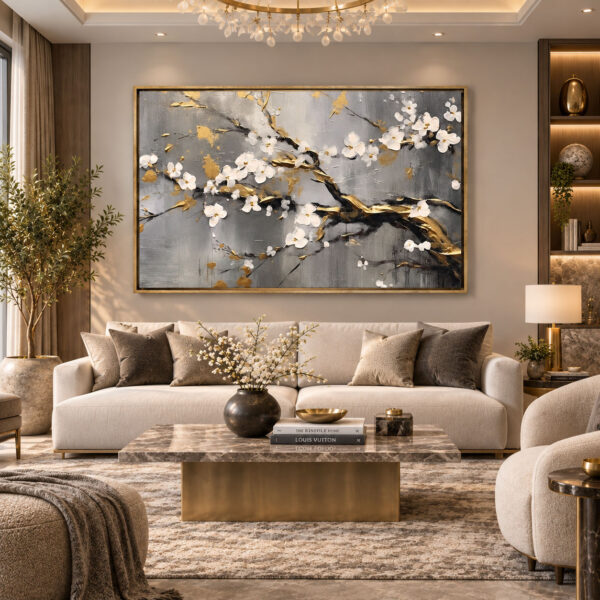 Gold Eskitme Ahşap Çerçeveli - 100x150cm Gold Beyaz Çiçek Dalları Modern Kanvas Tuval Tablo - VOOV9135