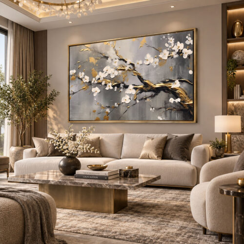 Gold Eskitme Ahşap Çerçeveli - 100x150cm Gold Beyaz Çiçek Dalları Modern Kanvas Tuval Tablo - VOOV9135