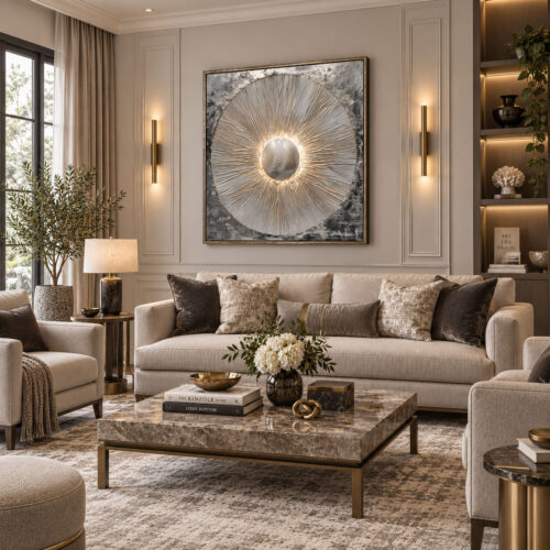 Eskitme Gümüş Çerçeveli - 95x95cm Soyut Güneş Kanvas Tuval Tablo - VOOV9124
