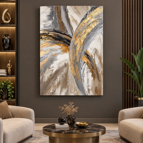 Gold Akış Gri Bej Modern Soyut Tuval Kanvas Tablo - VOOV3678