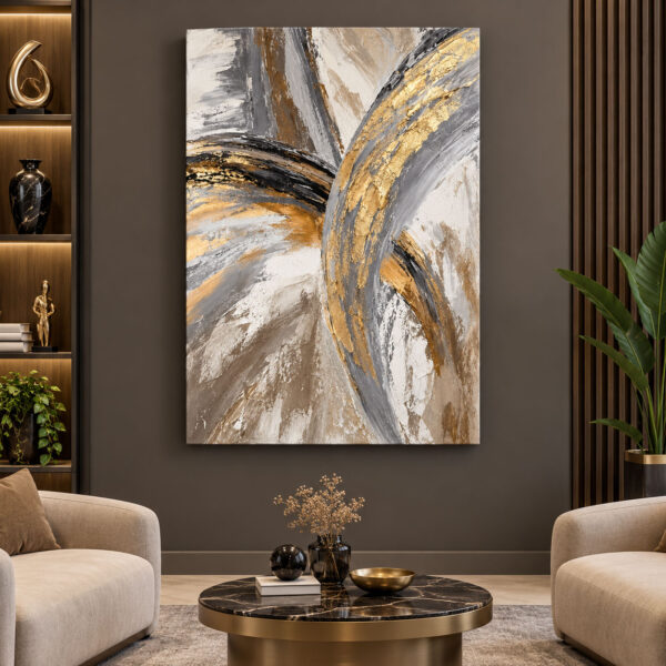 Gold Akış Gri Bej Modern Soyut Tuval Kanvas Tablo - VOOV3678