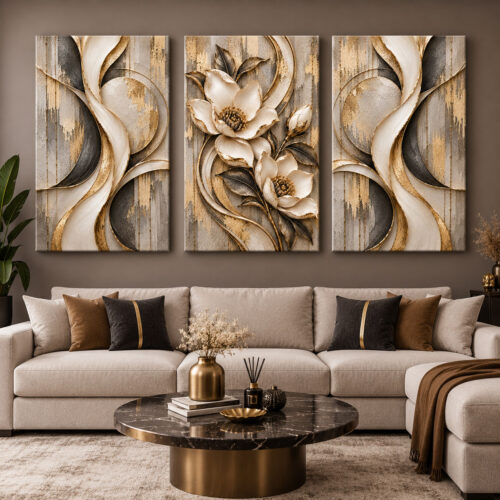 Gold Bej Gri Çiçek Geometrik Soyut - Üçlü Kanvas Tuval Tablo Seti - VOOV6118