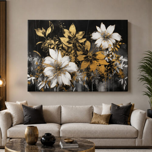 Gold Beyaz Çiçekler Siyah Kanvas Tablo - VOOV3644
